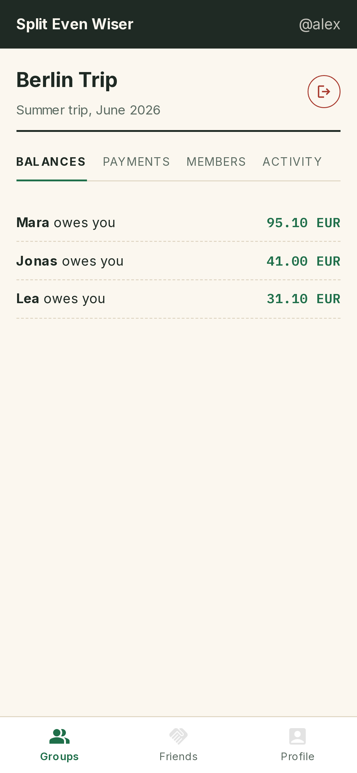 Balances tab of the Berlin Trip group, showing what each member owes