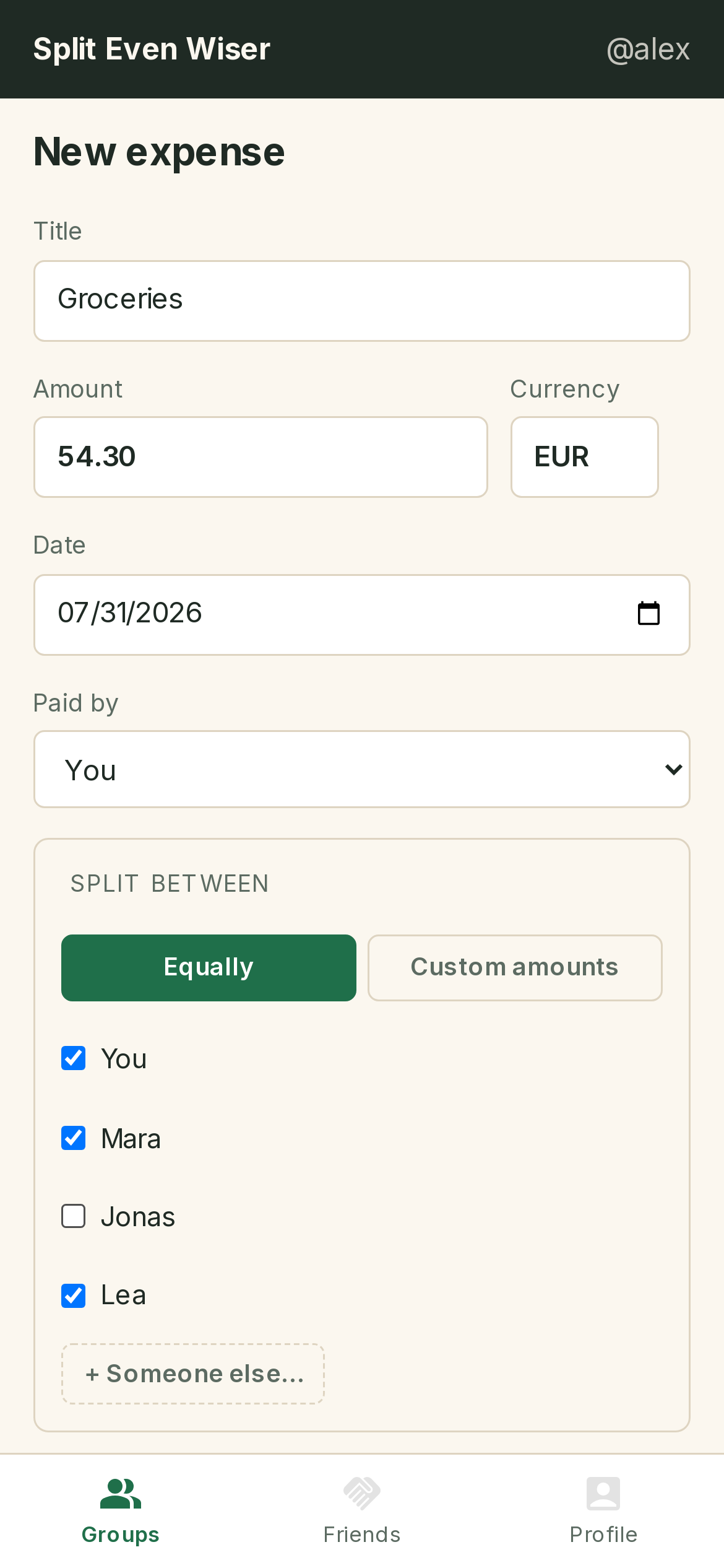 New expense form for a Groceries expense split between three group members
