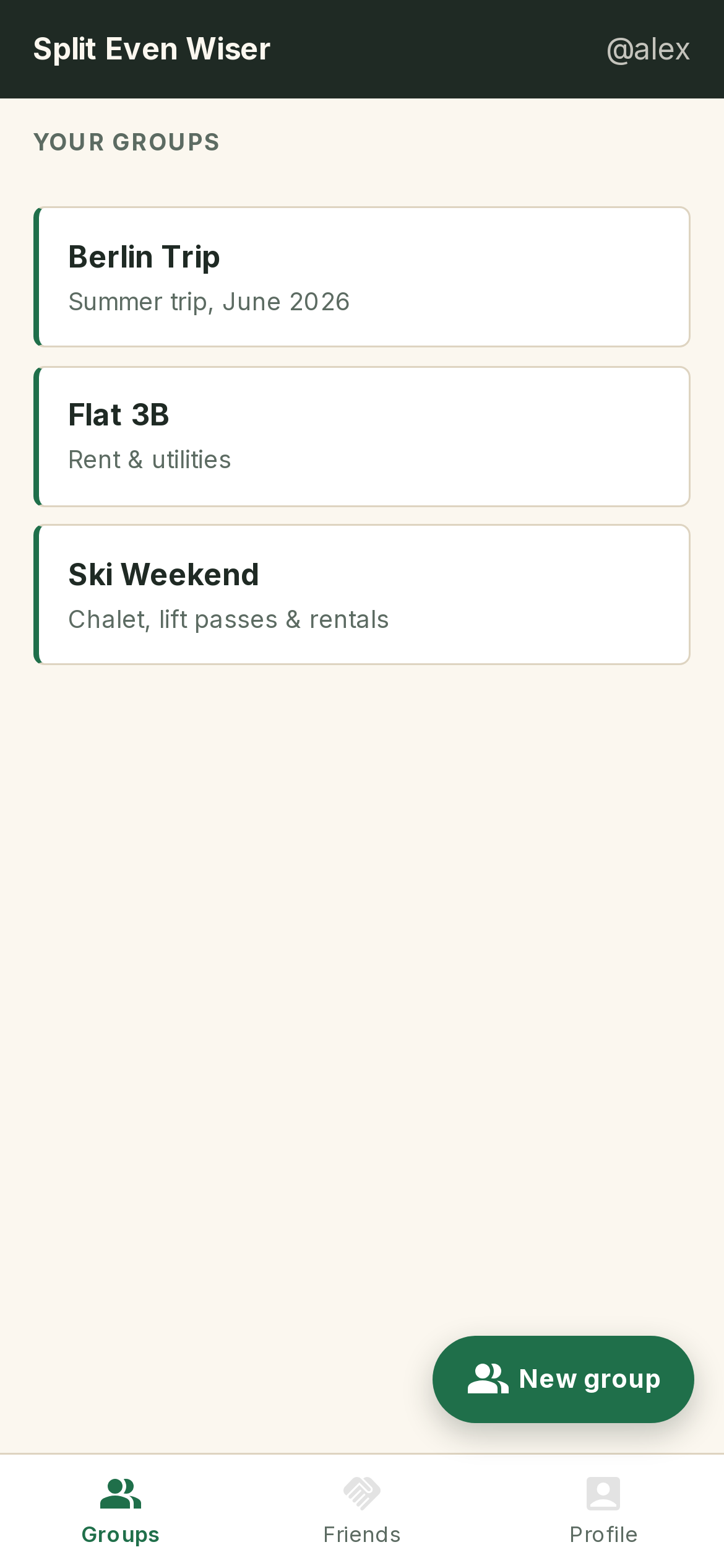 Groups list showing Berlin Trip, Flat 3B, and Ski Weekend