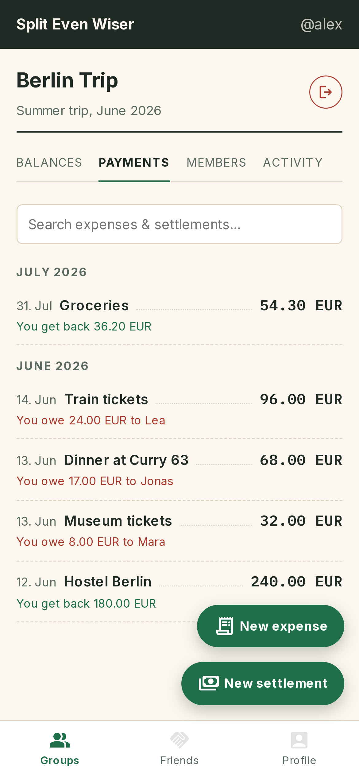 Payments tab of the Berlin Trip group, listing expenses and who owes what